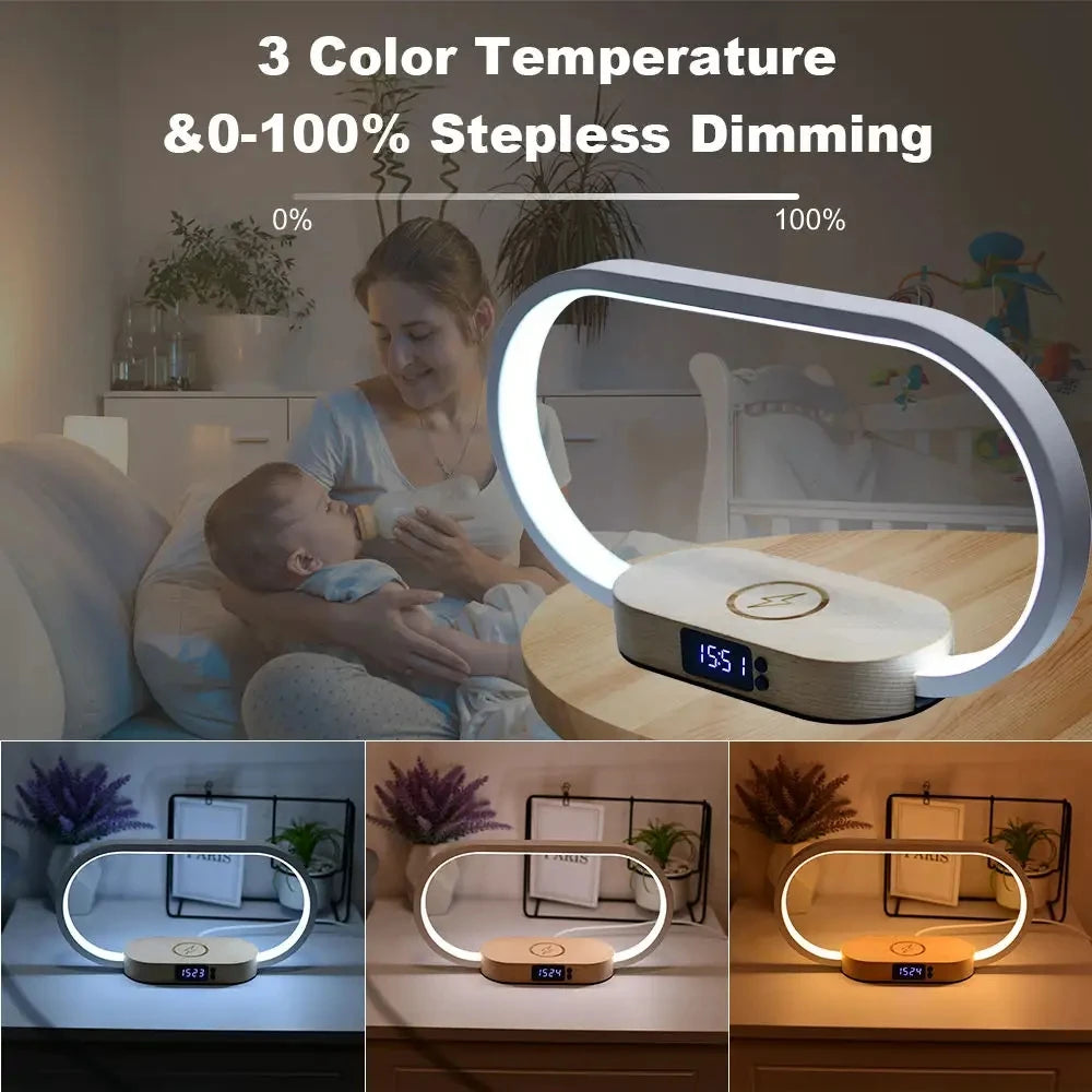 Trending Smart Home Decor Multi Function Bedside Desk Dimmable Night Light Lamp Alarm Clock Qi Universal Wireless Charger
