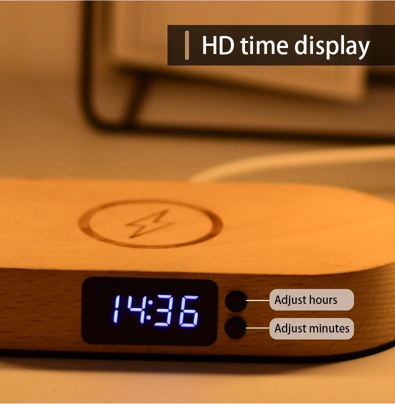 Trending Smart Home Decor Multi Function Bedside Desk Dimmable Night Light Lamp Alarm Clock Qi Universal Wireless Charger