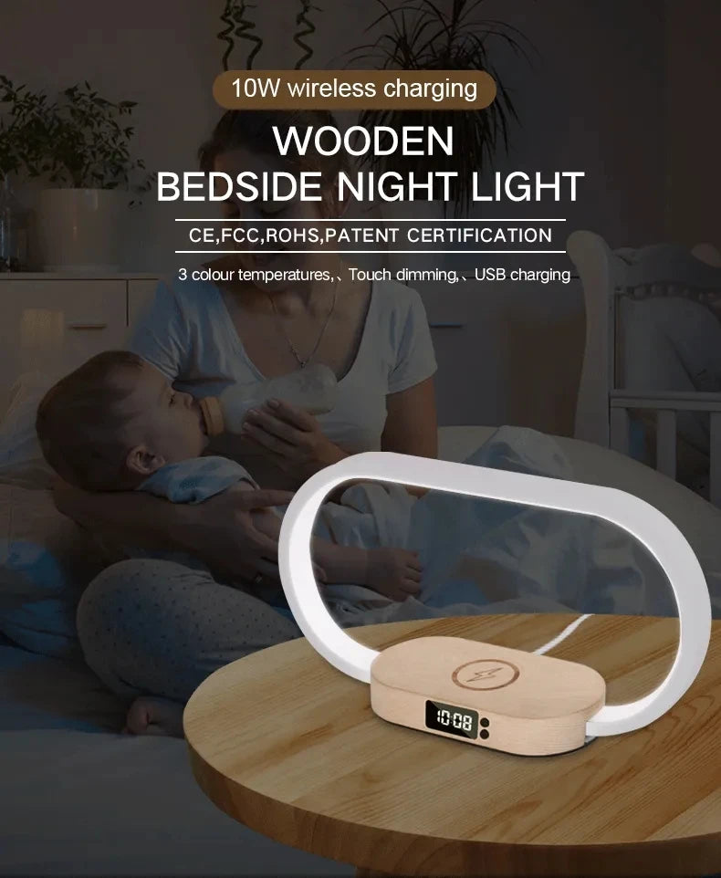 Trending Smart Home Decor Multi Function Bedside Desk Dimmable Night Light Lamp Alarm Clock Qi Universal Wireless Charger
