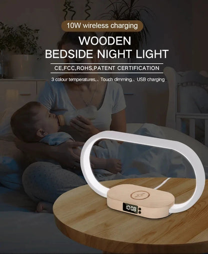 Trending Smart Home Decor Multi Function Bedside Desk Dimmable Night Light Lamp Alarm Clock Qi Universal Wireless Charger
